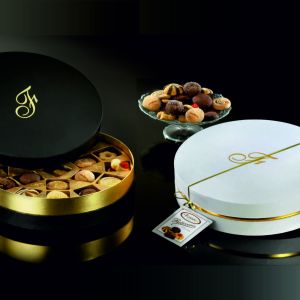 Cofanetto tondo Bianco/Nero con pasticceria da té FLAMIGNI 345 gr.